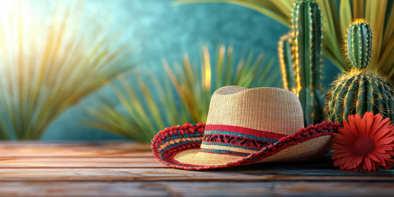 Colorful sombrero resting on a rustic wooden surface with cacti and a vibrant flower in a sunny outdoor setting